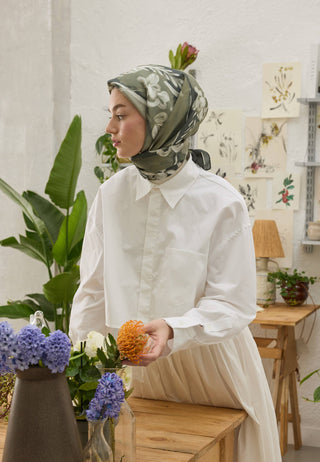 Celina Patterned Cotton Silk Scarf Green