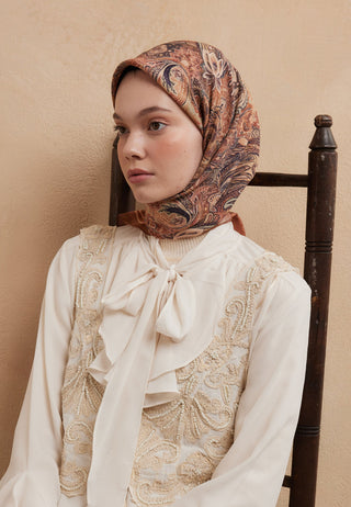 Amora Patterned Cotton-Silk Scarf Terracotta