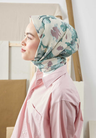 MULTI FLOWER DESEN PAMUK İPEK EŞARP MİNT