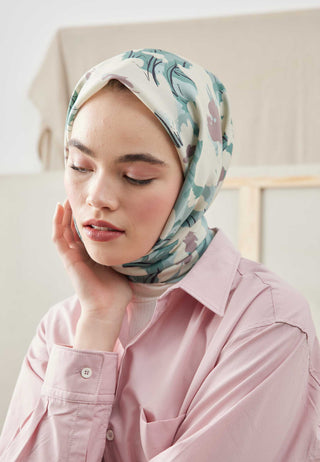 MULTI FLOWER DESEN PAMUK İPEK EŞARP MİNT