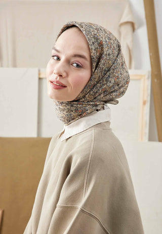 Blooming Garden Patterned Cotton Silk Scarf Beige