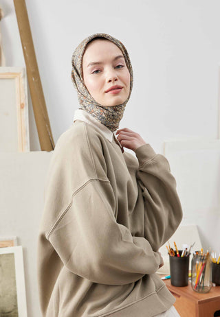 Blooming Garden Patterned Cotton Silk Scarf Beige