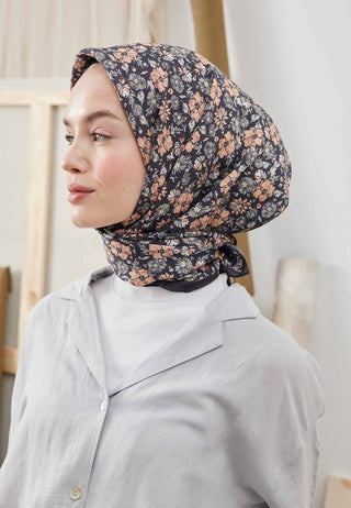 BLOOMING GARDEN DESEN PAMUK İPEK EŞARP ANTRASİT