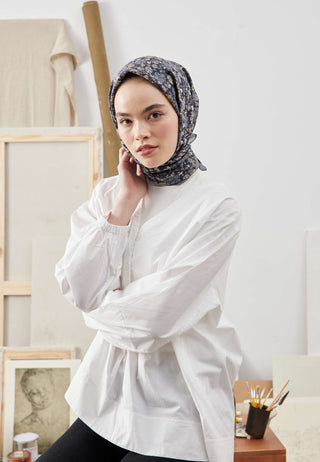 Blooming Garden Patterned Cotton Silk Scarf Navy Blue