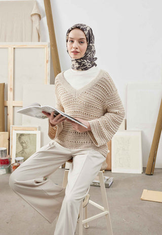 Violet Patterned Cotton Silk Scarf Dark Brown