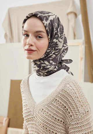 VIOLET DESEN PAMUK İPEK EŞARP KOYU KAHVE