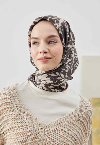 VIOLET DESEN PAMUK İPEK EŞARP KOYU KAHVE