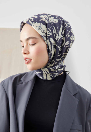 Violet Patterned Cotton Silk Scarf Navy Blue