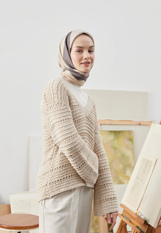 Multi Colors Patterned Cotton Silk Scarf Beige