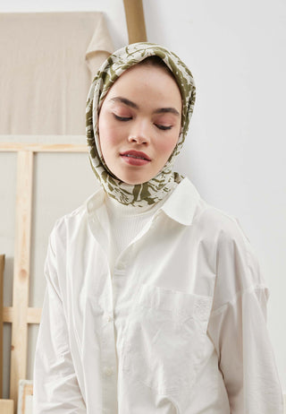 Violet Patterned Cotton Silk Scarf Khaki