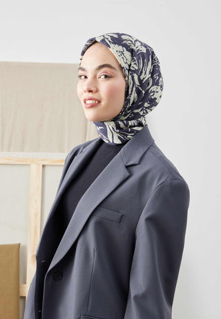 Violet Patterned Cotton Silk Scarf Navy Blue