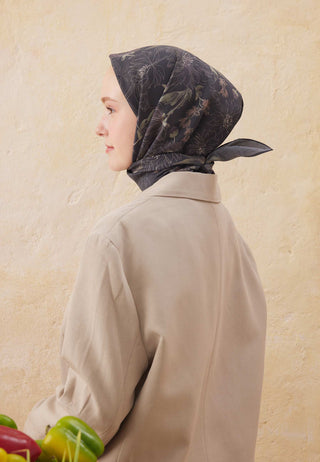 Aster Patterned Cotton Silk Scarfs Black