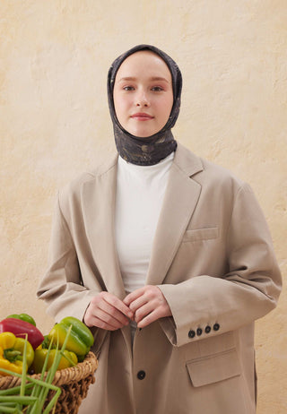 Aster Patterned Cotton Silk Scarfs Black