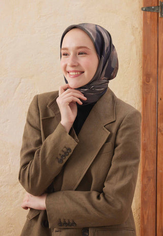 Dark Garden Patterned Cotton Silk Scarfs Dark Taupe