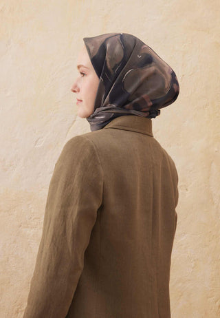 Dark Garden Patterned Cotton Silk Scarfs Dark Taupe