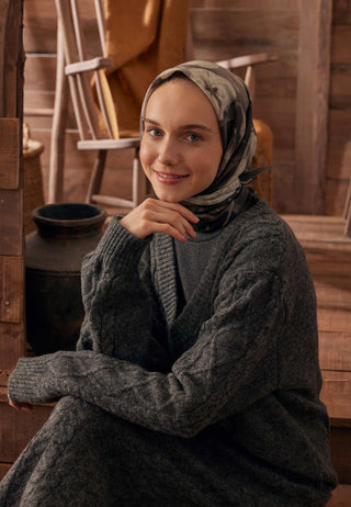 Roslyn Patterned Cotton Silk Scarf Chocolate Brown