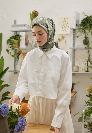 Celina Patterned Cotton Silk Scarf Green