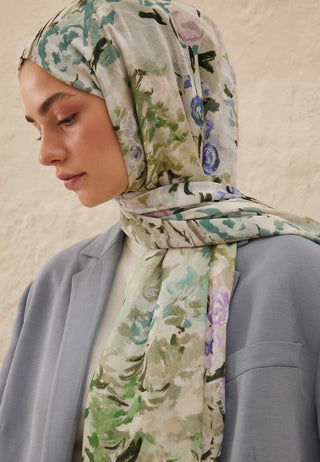 MARGARİT DESEN RAMİ ŞAL KOYU YEŞİL