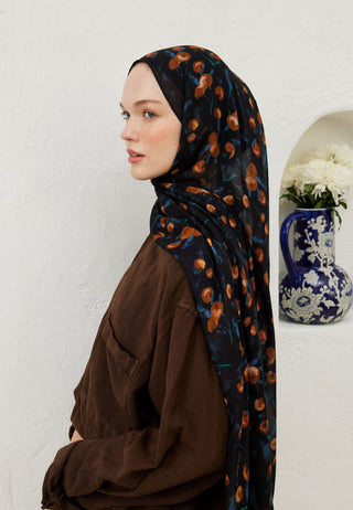 Cherry Patterned Rami Hijab Navy Blue