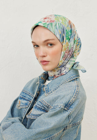 Tiny Flowers Patterned Voile Scarf Blue