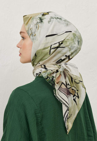 Amelie Patterned Cotton Voile Scarf Khaki