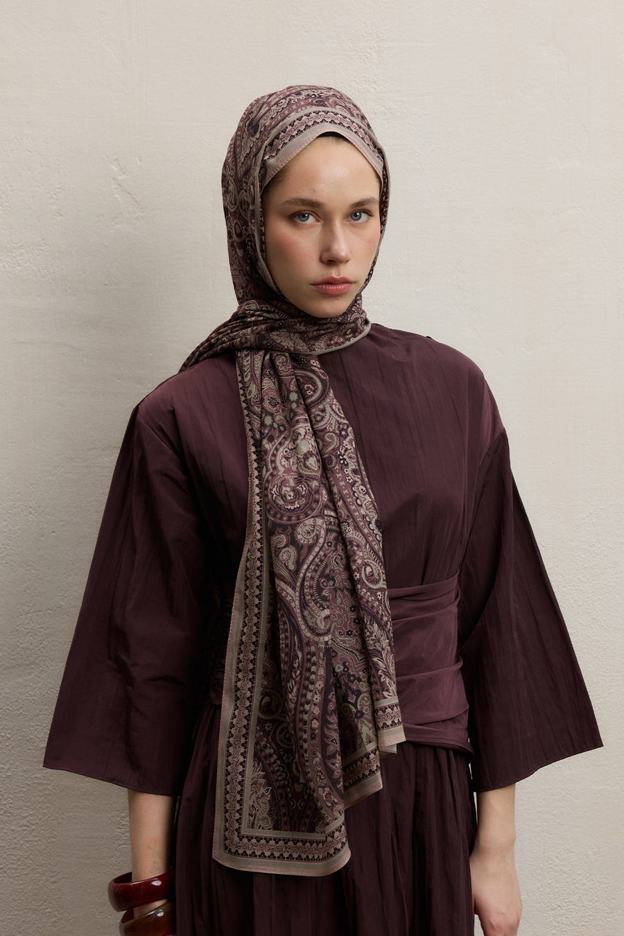 Modal Silk Blend Bohemian Breeze Etnic Floral Shawl Hijab - Purple
