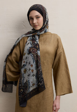 Aliza Printed Silk Crepe Hijab Deep Brown