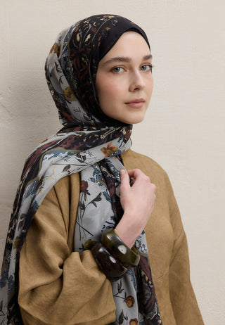 Aliza Printed Silk Crepe Hijab Deep Brown
