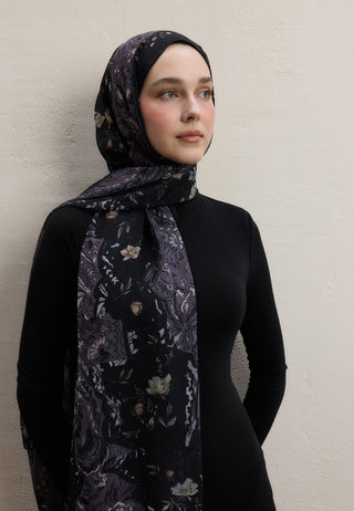 ALIZA DESEN İPEK KREP ŞAL SİYAH