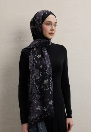 ALIZA DESEN İPEK KREP ŞAL SİYAH
