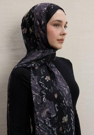 ALIZA DESEN İPEK KREP ŞAL SİYAH