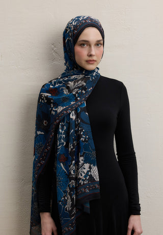 DAHLIA DESEN İPEK KREP ŞAL GECE MAVİSİ