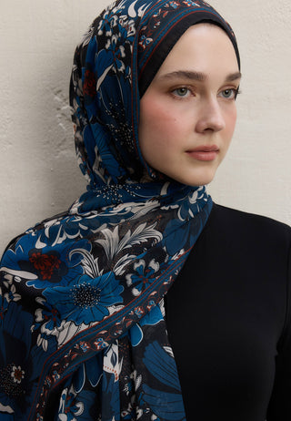 DAHLIA DESEN İPEK KREP ŞAL GECE MAVİSİ