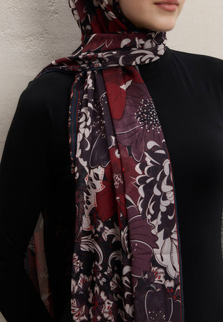 DAHLIA DESEN İPEK KREP ŞAL SİYAH