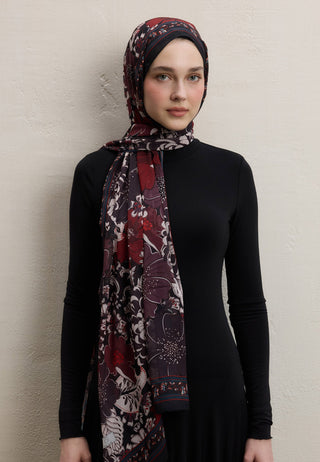 DAHLIA DESEN İPEK KREP ŞAL SİYAH