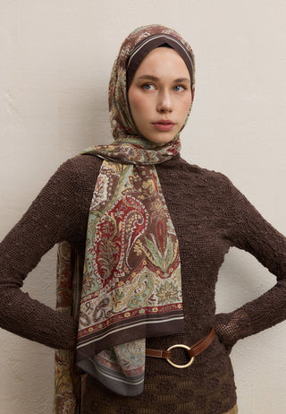Dark Bohemy Printed Silk Crepe Hijab Brown