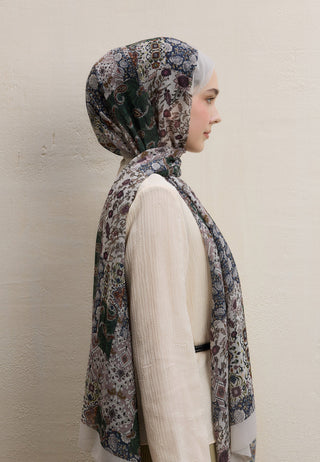 Ethnic Figure Printed Silk Crepe Hijab Beige