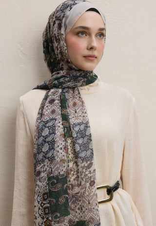 Ethnic Figure Printed Silk Crepe Hijab Beige