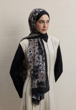 ETHNIC FIGURE DESEN İPEK KREP ŞAL SİYAH