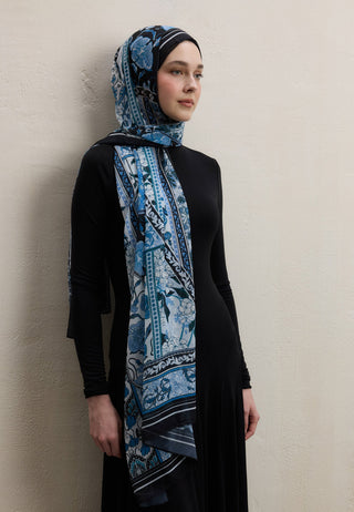 LILIES DESEN İPEK KREP ŞAL LACİVERT