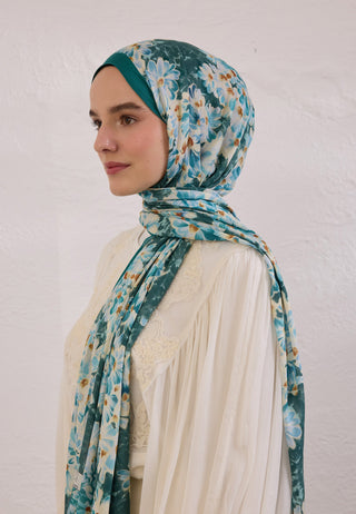 Cherry Blossom Patterned Rami Hijab Ocean