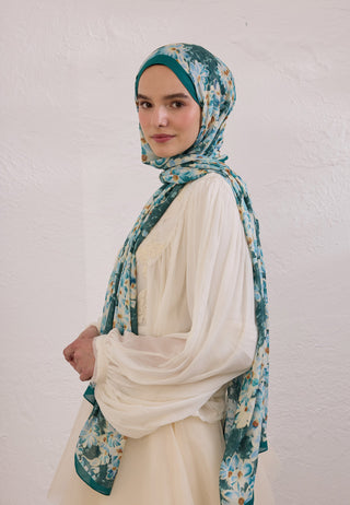 Cherry Blossom Patterned Rami Hijab Ocean