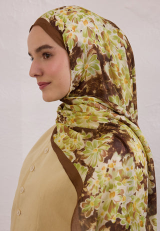 Cherry Blossom Patterned Rami Hijab Brown