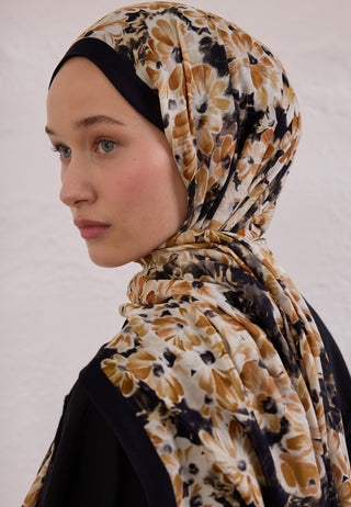 Cherry Blossom Patterned Rami Hijab Black