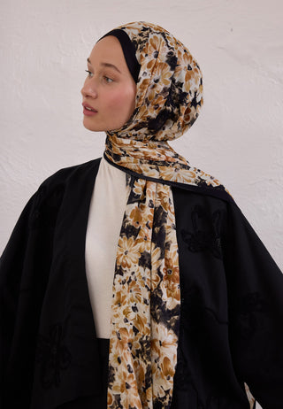 Cherry Blossom Patterned Rami Hijab Black
