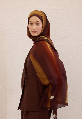 Color Brush Patterned Rami Hijab Brown