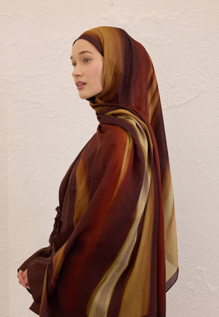 Color Brush Patterned Rami Hijab Brown