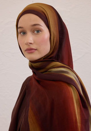 Color Brush Patterned Rami Hijab Brown