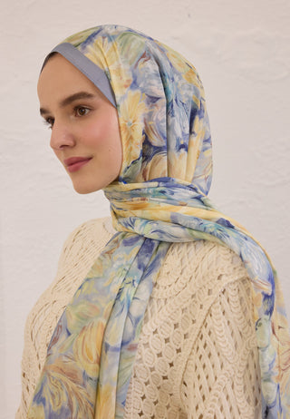 PURE FLORA DESEN RAMİ ŞAL SOFT MAVİ