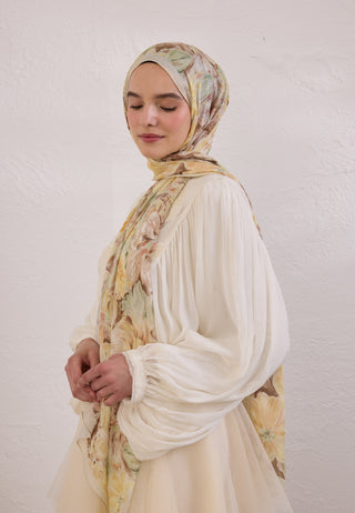 Pure Flora Patterned Rami Hijab Soft Yellow